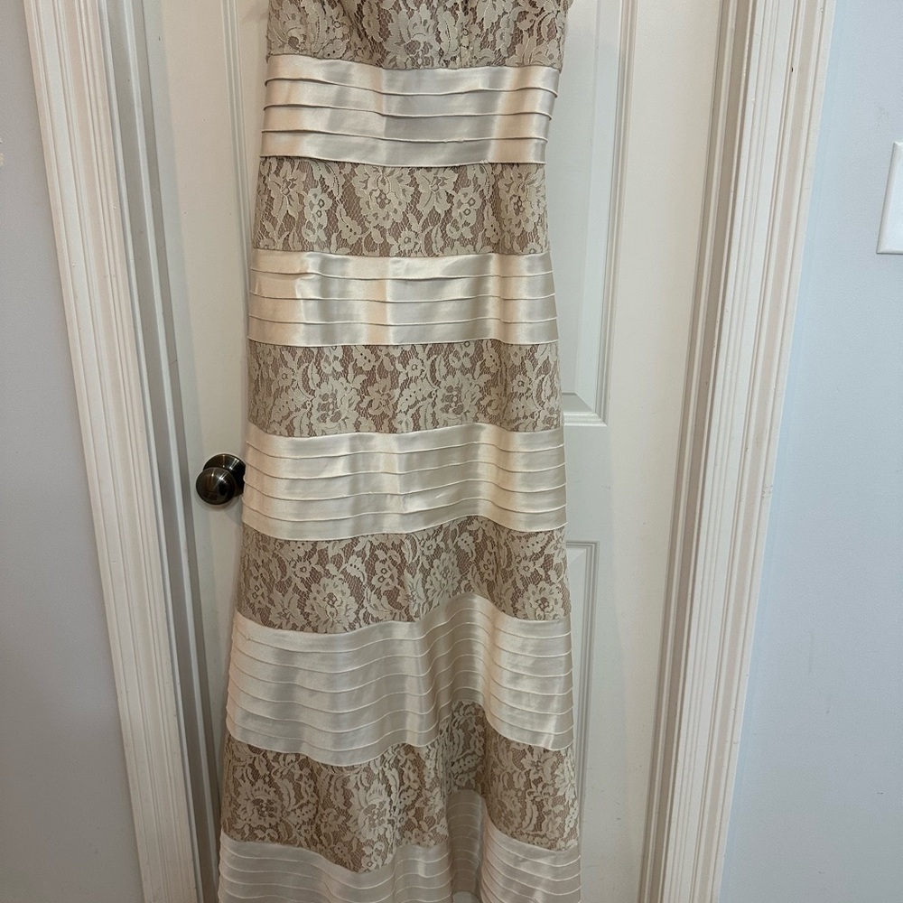 BCBGMaxAzria Strapless Lace Dress in Cream and Tan